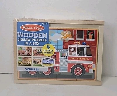 Melissa & Doug 4 in 1 Wooden Jigsaw Puzzles in a Box Vehicles 3+ Fire Truck NEW!