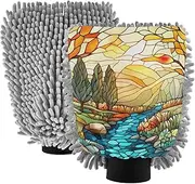 XYMZR Landscape Stain Glass Absorbent Microfiber Car Wash Mitt, Funny Cute Anime Scratch Free for Cars Cleaning, Home Cleaning Mitts, 2 Pack, 10.24” L x 7.09” W