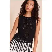 Black Crochet Boat Neck Fringe Top, Black