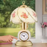 Rose Blossom Glass Panels w Analog Clock 3-Way Touch Lamp Gold Base Home Decor