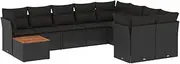 vidaXL Modular Garden Sofa Set with Cushions - 10 Piece Black Outdoor Patio Furniture, PE Rattan and Acacia Wood