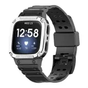 Catzon Watch Band with Protective Frame Uni-body Shockproof TPU Strap For Fitbit Versa 2/3 Versa Lite/Sense-Black Silver