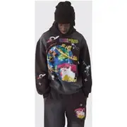 Mens Chocolate Oversized Distressed Space Graphic Brushback Hoodie