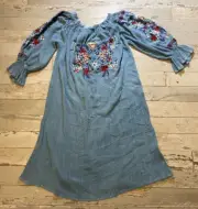 Fashion Fuse Dress Boho Hippy Peasant-Sleeve Blue Embroidery MED New $44 Tag