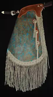 Custom Made Leather Chinks/Turquoise Acid Wash Chaps/Made In USA