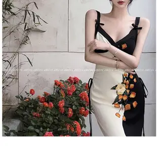 浪漫法式藝術玫瑰拼接 細肩帶高腰曲線窈窕連身洋裝超值-簡單女裝