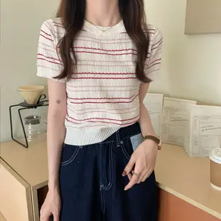 韓國時尚簡約條紋圓領短袖針織t恤女寬鬆修身百搭休閒上衣