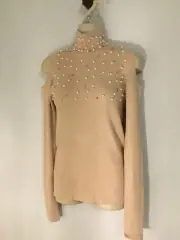 NWT,VENUS BRAND Light Tan Ribbed,Stretchy Knit,Cold Shoulders,Pearls, Large