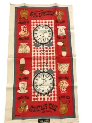 VINTAGE BREAKFAST TIME DISH TOWEL NWT Linen Clock Eggs Coffee Berries MCM Style