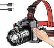 LED Rechargeable Headlamp, Motion Sensor 360°Rotating Zoomable IPX4 Waterproof Head lamp with 5 Lighting Modes, 450 Lumen Powerful Headlamp for Camping, Fishing, Running, Outdoor Use