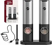 CIRCLE JOY Electric Salt and Pepper Grinder Set Rechargeable Pepper Mills with Dual Charging Base, White LED Light, Adjustable Coarseness and One Hand Automatic Operation, Black Silver