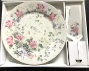 Andrea By Sadek Cake Plate & Server 'Pink Flowers' NIB Gold Rimmed Porcelain