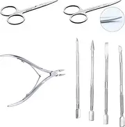 Stainless Steel Cuticle Care Tool Set - Straight Cuticle Scissors (3.5”), Curved Cuticle Scissors (3.5”), Cuticle Nail Nippers (3.7”) & Set of 4 Cuticle Pushers (5” each).
