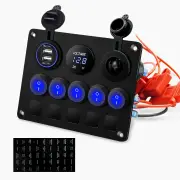 12V-24V UniversalSwitch Panel with USB & Voltmeter 5 Gang Rocker Switch Panel with Dual USB Slot Socket 5V 4.2A + Volt