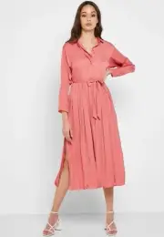 New NWT Women's Topshop Side Split Tie Waist Dress Long Sleeve Size 8 Orange