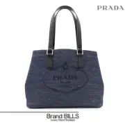 Prada Tote Bag Handbag Denim Vitello 1Bg356 Blue Black Silver Hardware