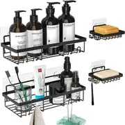 Shower Caddy Shelf Organizer (2Pack) with 2 Soap Dishes, Adhesive Black Bathroom Basket Shelves with Hooks, No Drilling Wall Mount Shower Storage Accessories, Rustproof Stainless Steel