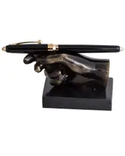 Bey-Berk Bronzed Finished Hand Pen Holder on Black Marble Base