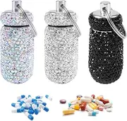 Faddare 3Pcs Portable Bling Pill Case, Crystal Rhinestone Pill Box Medicine Dispenser Bottle Storage with Keychain, Waterproof, Airtight, Portable, Keychain Attachment