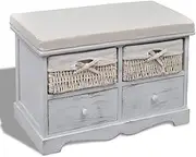 White Storage Bench, 62x33x42 cm, with Cushion Seat, Paulownia Wood Frame, 2 Weaving Baskets & 2 Wooden Drawers, Enhances Room Decor, Durable Design