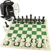 Oumoda 20" (50cm) Tournament Chess Set with 2.25" Squares Double-Sided Black/Green Foldable Silicone Chess Board Mat, Weighted Chess Pieces- 2 Extra Queens, Chess Carrying Case for Storage and Travel