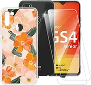 ESACMOT Orange Flowers Pattern Case Compatible with Gigaset GS4 + [2 Pack] Screen Protector Tempered Glass, Shockproof Case Cover for Gigaset GS4 (5.5 inch)