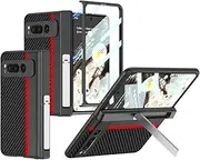 Jarttarn Leather Case Compatible with Google Pixel Fold Cover Film All-in-One Magnetic Phone Case with Stand Slim Folding Carbon Fibre Pattern Case with Screen Protector for Pixel Fold (Red)