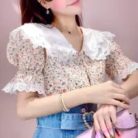 在飛比找momo購物網優惠-【BBHONEY】韓風蕾絲娃娃領 碎花雪紡襯衫(網美必備款)