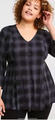 Torrid Womens Fit and Flare Rayon Slub Button Up Plaid Top NWT 0 Large 12