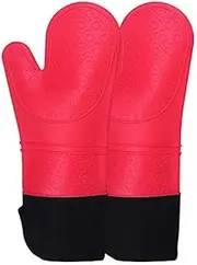 1 Pair Long Thick Silicone Gloves UCARE Double Oven Glove Heat Resistant Non-Slip Waterproof Kitchen Oven Mitts for Grilling Cooking Baking Pizza 38 * 18.5cm (Red)