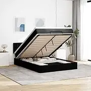 Generic Ottoman Bed with Mattress & LEDs Black Double Fabric,3312507
