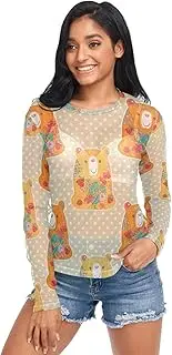 [RPLIFE] Bears Floral Net Shirt, Womens Sheer Long Sleeve Top S-XXL