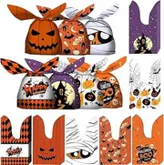 100 Pcs Plastic Party Gift Bags, 7 Designs with Pumpkin Ghost Bat Decorations Pattern for Party Favor Treat Goodie Storage Bags Bulk Grocery Bags