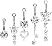 [LYLYMIMI] 5Pcs14G Belly Rings Stainless Steel Belly Button Rings Navel Rings Round/Love Heart Clear CZ Curved Barbell Piercing For Women