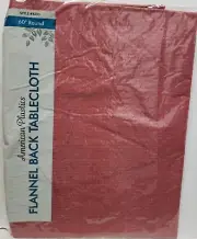 Flannel Back Vinyl Tablecloth 60"Round, RED BROWNISH COLOR BASKETWEAVE DESIGN,AP