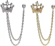[Luckudos] 2 Pcs Lapel Pin for Men Crystal Crown Hanging Chain Brooch for Men Women Silver Gold Brooch Set