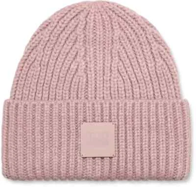 Ugg Chunky 20061-MAU Beanie Women's Mauve Rib Knit Logo Patch Fold Over Cuff Hat