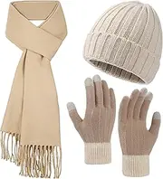 [Trifabricy] Winter Hat Beanie Long Scarf Touchscreen Gloves Set, 3Pcs Soft Thick Fleece Lined Gloves Skull Cap Scarf Set for Women Men