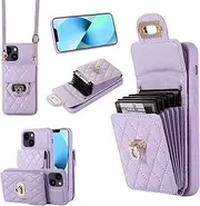 Accordion Wallet Case for iPhone 14 Plus,Leather Phone Cover with 6 Card Slots and Metal Snap, Adjustable Crossbody Lanyard Shockproof Phone Case for Woman(Purple)