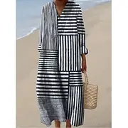 Women's Midi Dress Sundress A Line Dress Vacation Casual Boho Going out Beach Loose Fit Graphic Geometric Stripe Long Sleeve V Neck Ash Black Yellow Blue Summe