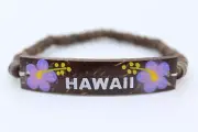 Coconut Shell Bracelet "Hawaii" Tag -7", Dark Brown Shell (Thin),Purple Plumeria
