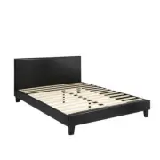NNEED Bed Frame Double Size Wooden Slats Leather Black