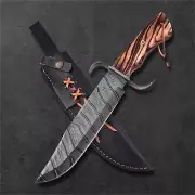 Custom Handmade Damascus Steel Bowie Knife With Leather Sheath - Ash Wood Handle