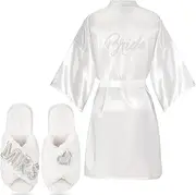 [Mepase] 2 Pcs Bride Gifts Bride Robe with Slippers Satin Rhinestone Wedding Day Robe Slippers for Women Bridal Proposal Party