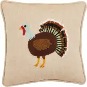 Mud Pie Turkey Embroidery Pillow, 8" x 8", TAN
