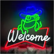 Hanging Art Neon Signs Frog Cowboy Welcome Neon Sign for Wall Decor LED Light USB Powered for Home Bar Man Cave Shop Game Room 34cm×34cm