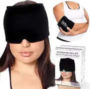 PMC Migraine Relief Cap – Completely Adjustable Headache Hat That fits Any Body Part - Flexible Compression, Use Hot or Cold - Migraine Ice Head Wrap, Gel Infused Icepack That’s Family Friendly Black
