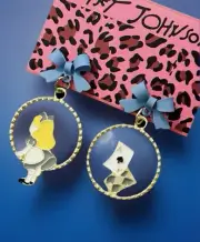 Betsey Johnson Alice Wonderland & Cards Blue Bow Dangle Earrings NWT