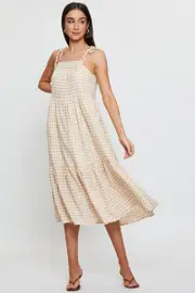 Check Midi Dress Sleeveless Tie Shoulder - Size 14, Women's Midi Dress
