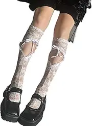 Esdlajks Lolita Socks Lolita JK Girl's Calf Socks Hollow Lace Drawstring Pile Socks (Color : White, Size : One Size)